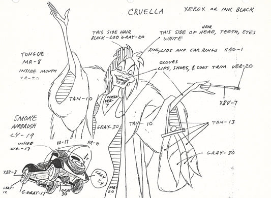 One Hundred and One Dalmations Original Production Model Sheet: Cruella de Vil