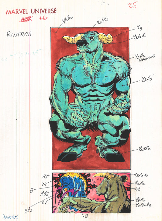 Signed Andy Yanchus 1989 Marvel Universe #6 Original Production Color Guide: Rintrah